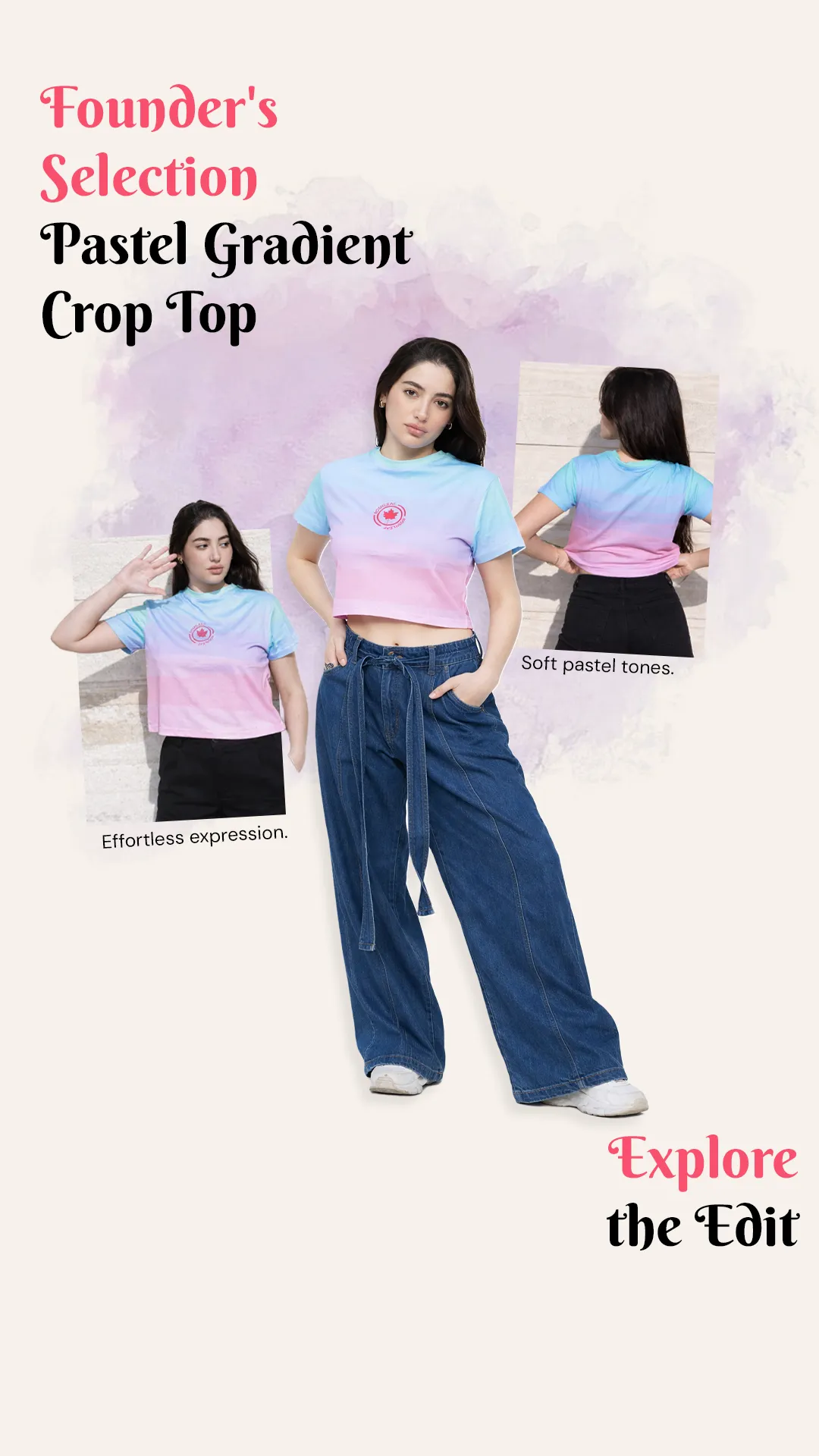 Static ad creative: "Founder's Selection Pastel Gradient Crop Top"